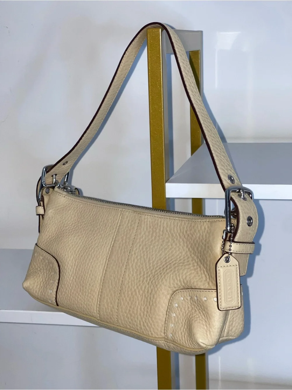 Coach Hampton Demi Shoulder Bag Bone Cream Pebbled Leather Baguette Y2K